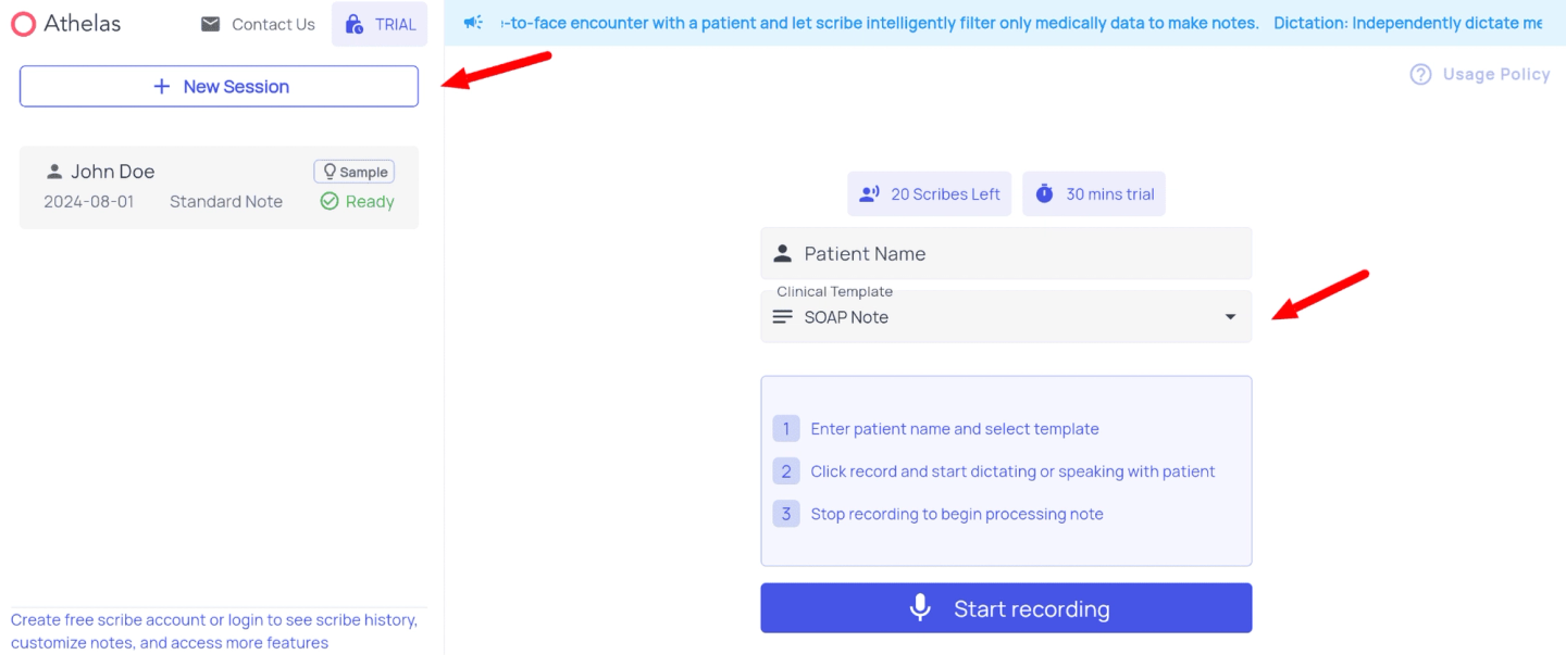 Athelas AI scribe interface showing new session setup with patient name, SOAP note template, and start recording button for medical documentation.
