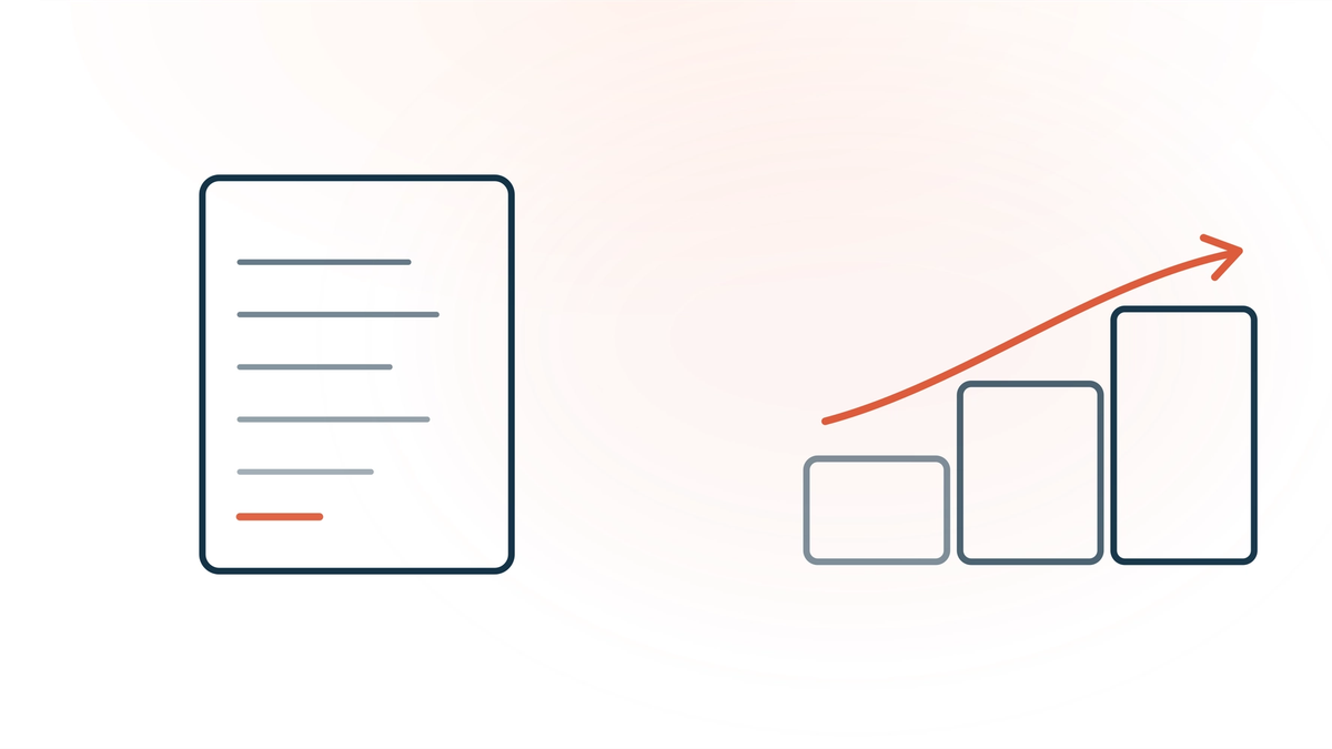 Introducing an AI scribe to incoming interns — a clinical note card beside three ascending step blocks with a rising coral arrow, representing a phased onboarding from preparation to independent use.