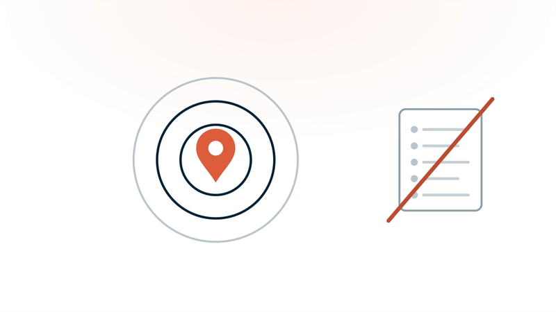 A target of concentric circles with a coral location pin at its centre, beside a patient list struck through with a coral line — targeting by place, never by patient data.