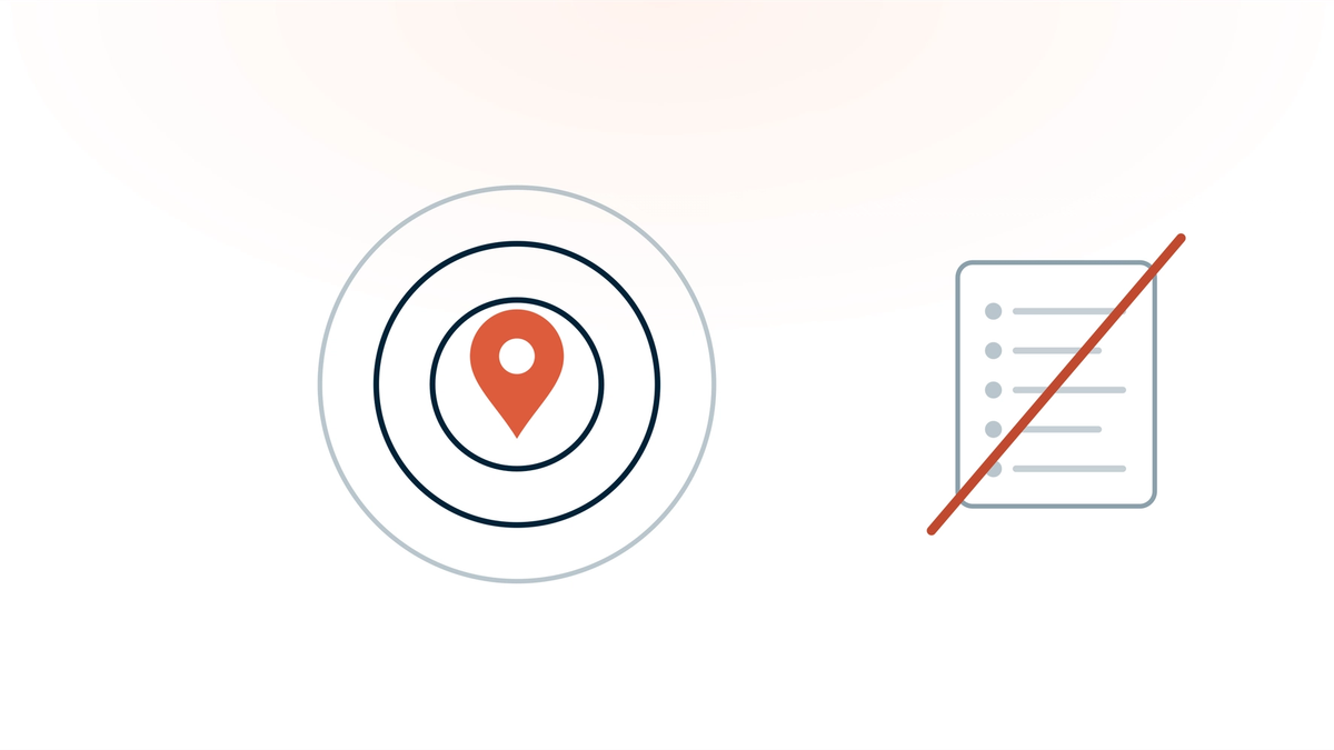 A target of concentric circles with a coral location pin at its centre, beside a patient list struck through with a coral line — targeting by place, never by patient data.