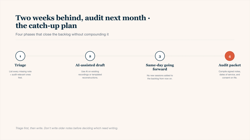 Four-phase catch-up plan timeline for therapists who are two weeks behind on therapy notes facing an insurance audit next month: triage by listing every missing note and prioritising audit-relevant ones first, AI-assisted drafting from existing session recordings or templated reconstruction, lock in same-day documentation going forward so no new sessions add to the backlog, and compile the audit packet with signed notes, dates of service, and consent forms on file.