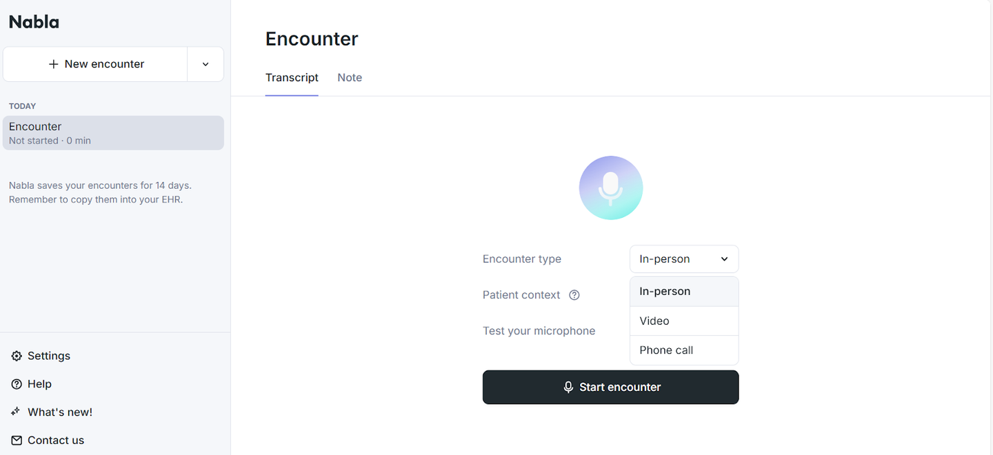 Nabla platform showing an encounter setup page. Users can select encounter type (In-person, Video, Phone call) and start transcription.