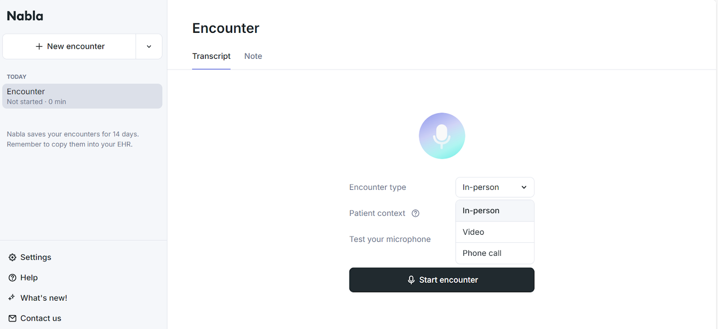 Nabla platform showing an encounter setup page. Users can select encounter type (In-person, Video, Phone call) and start transcription.