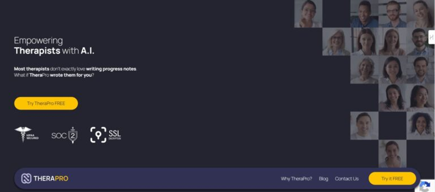 TheraPro homepage promoting AI-generated therapy notes.