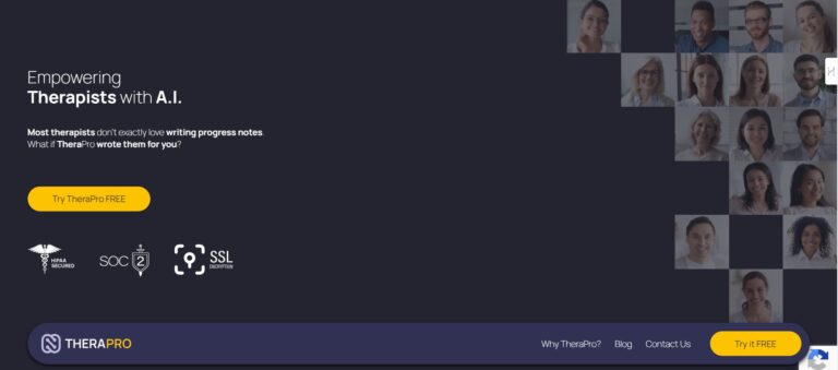 TheraPro homepage promoting AI-generated therapy notes.