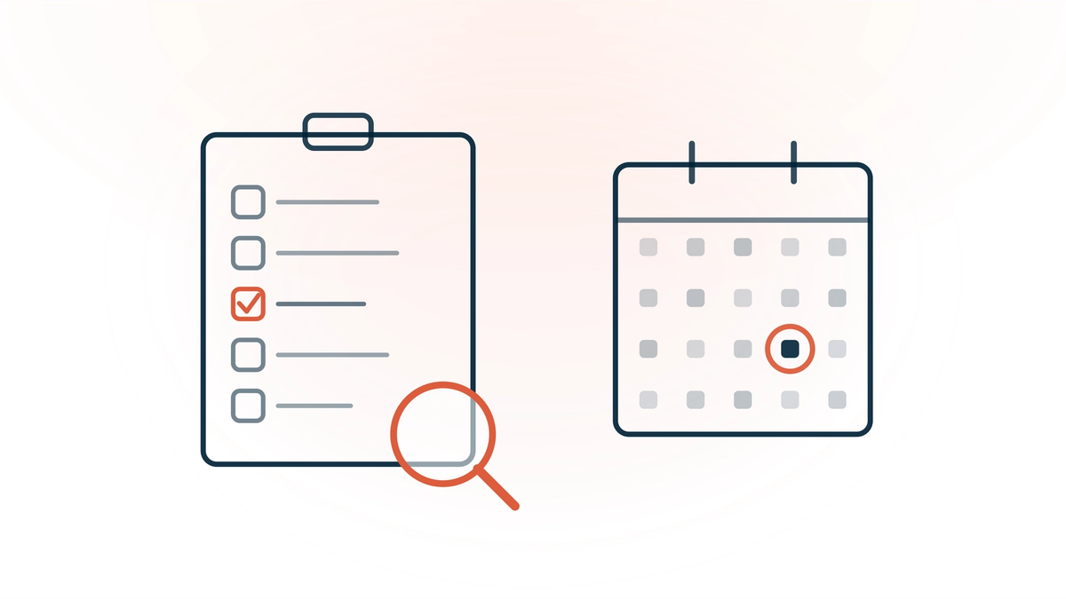 Heidi renewal audit — a magnifier over an audit checklist with a coral checkmark, beside a calendar with the renewal date ringed in coral, representing a renewal audit to run before the Heidi renewal date.