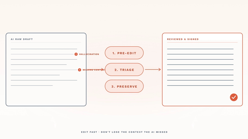 Two stacked-line note cards illustrating the AI therapy note review workflow. Left card 'AI RAW DRAFT' shows muted-ink note lines with two coral '!' flags marking 'HALLUCINATION' and 'MISSING CONTEXT' issues. Right card 'REVIEWED & SIGNED' shows clean ink lines and a coral checkmark in the corner. Between the cards sit three coral pill badges stacked vertically: '1. PRE-EDIT', '2. TRIAGE', '3. PRESERVE'. Coral arrows connect left → badges → right. Bottom label reads 'EDIT FAST · DON'T LOSE THE CONTEXT THE AI MISSED'. The hero captures the article's central argument: a structured three-step review turns a flag-heavy AI draft into a signable note without losing clinical context.