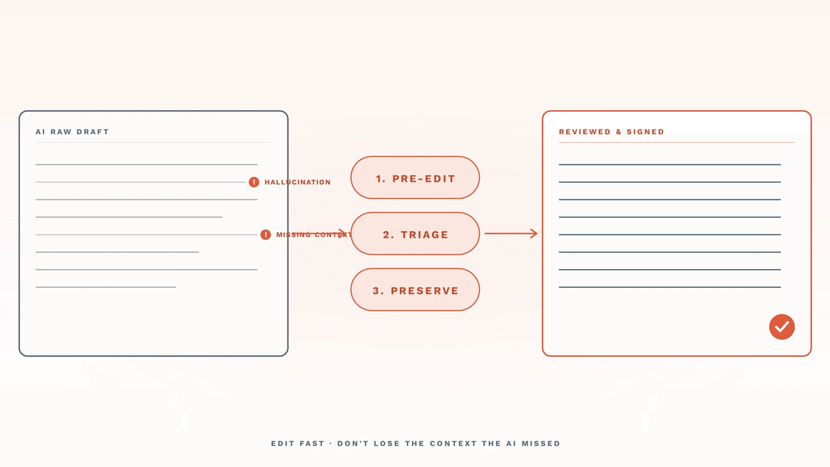 Two stacked-line note cards illustrating the AI therapy note review workflow. Left card 'AI RAW DRAFT' shows muted-ink note lines with two coral '!' flags marking 'HALLUCINATION' and 'MISSING CONTEXT' issues. Right card 'REVIEWED & SIGNED' shows clean ink lines and a coral checkmark in the corner. Between the cards sit three coral pill badges stacked vertically: '1. PRE-EDIT', '2. TRIAGE', '3. PRESERVE'. Coral arrows connect left → badges → right. Bottom label reads 'EDIT FAST · DON'T LOSE THE CONTEXT THE AI MISSED'. The hero captures the article's central argument: a structured three-step review turns a flag-heavy AI draft into a signable note without losing clinical context.