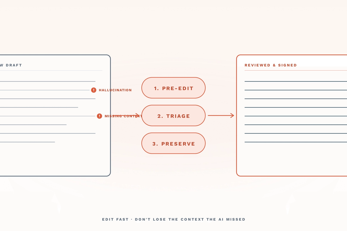 Two stacked-line note cards illustrating the AI therapy note review workflow. Left card 'AI RAW DRAFT' shows muted-ink note lines with two coral '!' flags marking 'HALLUCINATION' and 'MISSING CONTEXT' issues. Right card 'REVIEWED & SIGNED' shows clean ink lines and a coral checkmark in the corner. Between the cards sit three coral pill badges stacked vertically: '1. PRE-EDIT', '2. TRIAGE', '3. PRESERVE'. Coral arrows connect left → badges → right. Bottom label reads 'EDIT FAST · DON'T LOSE THE CONTEXT THE AI MISSED'. The hero captures the article's central argument: a structured three-step review turns a flag-heavy AI draft into a signable note without losing clinical context.