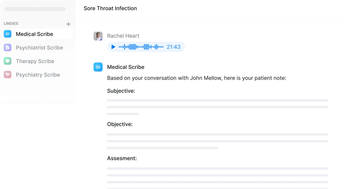 Lindy AI scribe interface showing patient note for sore throat infection based on Rachel Heart's 21-minute audio with John Mellow.