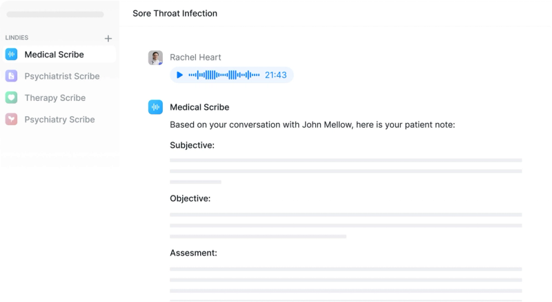 Lindy AI scribe interface showing patient note for sore throat infection based on Rachel Heart's 21-minute audio with John Mellow.