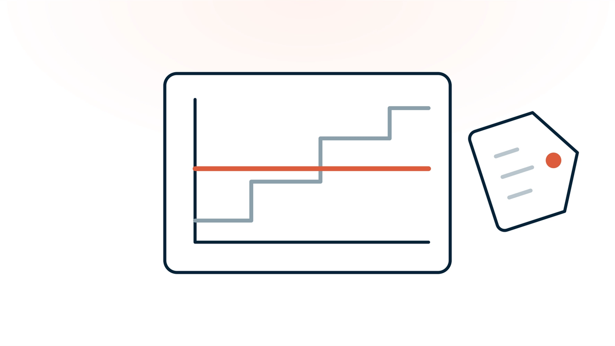 A flat coral cost line holding level while a grey stepped line climbs past it, beside a price tag: what an AI scribe costs therapists as their caseload grows.