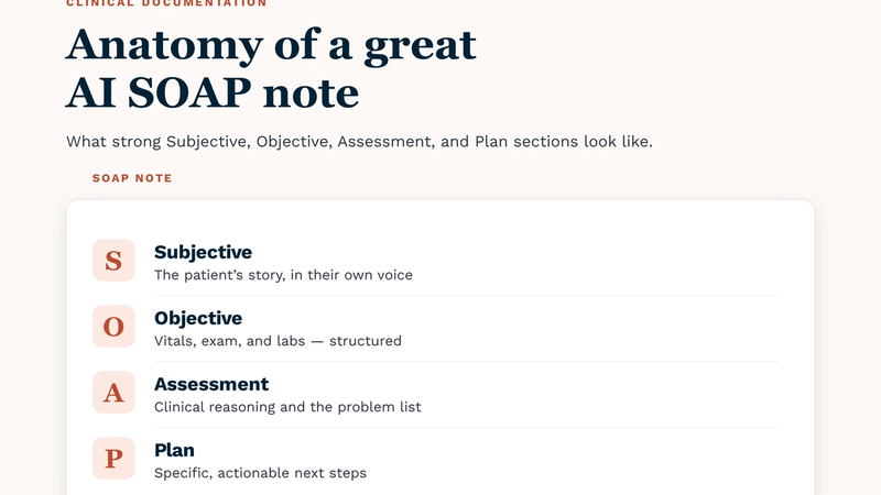 Title card “The anatomy of a great AI SOAP note,” with the four SOAP sections — Subjective, Objective, Assessment, and Plan — shown as labeled blocks.