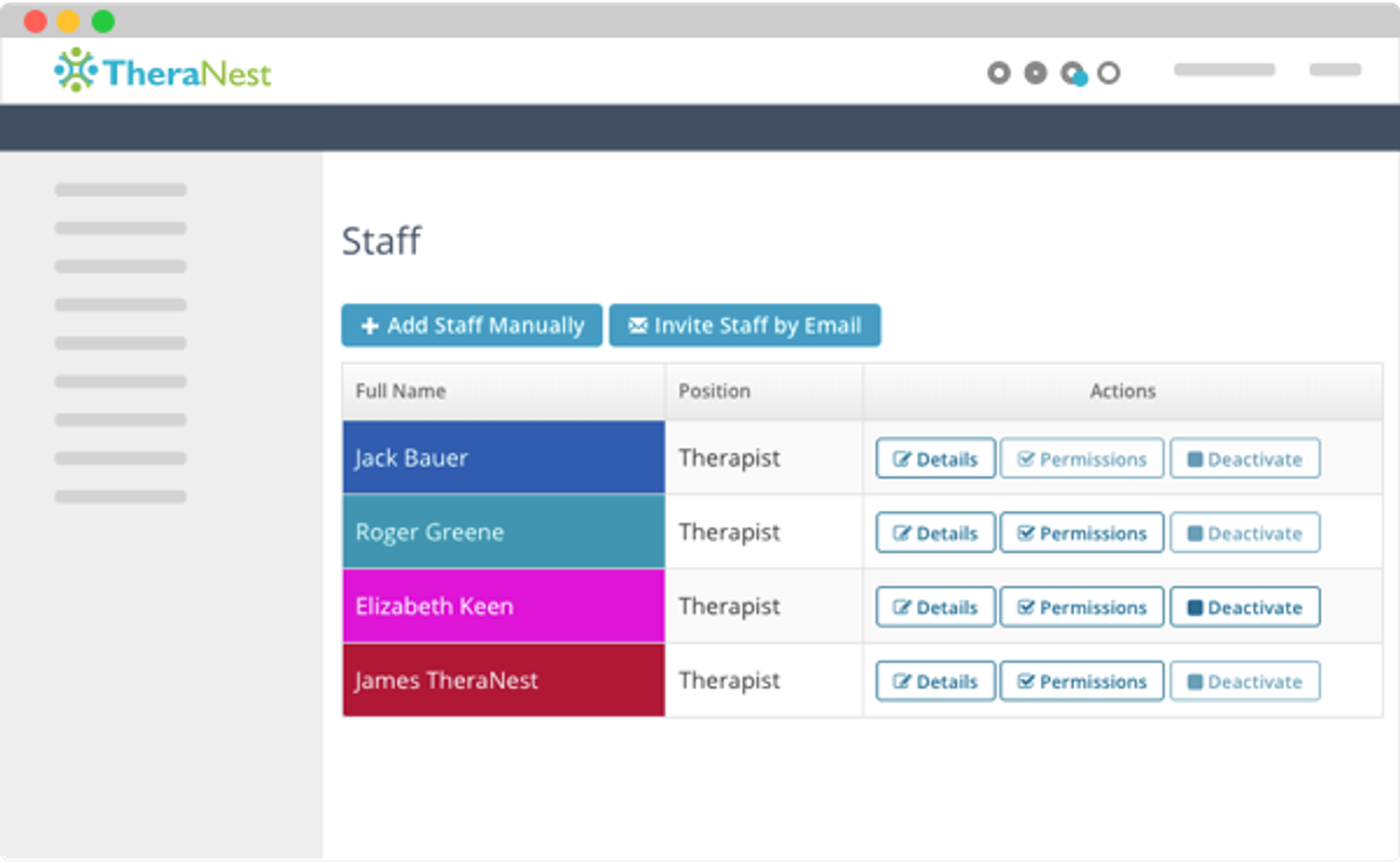  TheraNest interface showing a staff management page with a list of therapists, their roles, and action buttons for details, permissions, and deactivation options.