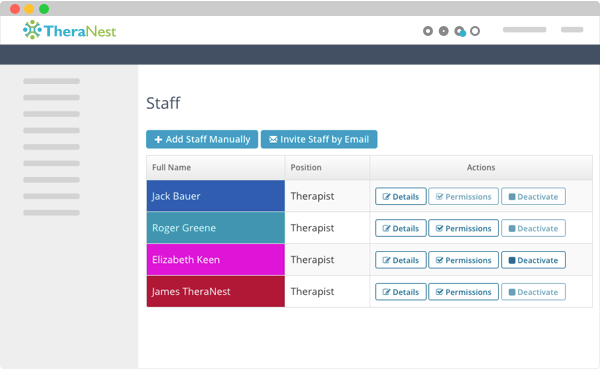 TheraNest interface showing a staff management page with a list of therapists, their roles, and action buttons for details, permissions, and deactivation options.