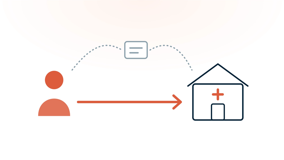 A patient in coral going straight to a clinic along a solid coral arrow, while a dotted grey route detours through a referral slip: physical therapy without a physician referral.