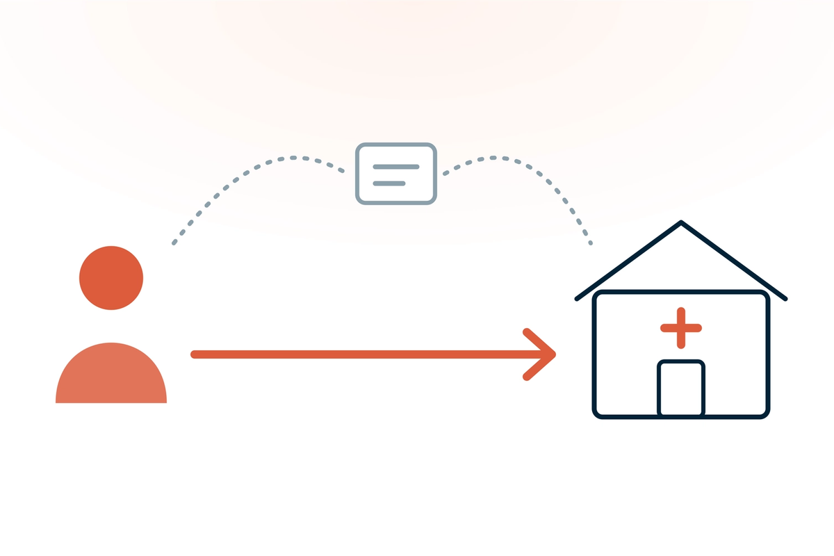 A patient in coral going straight to a clinic along a solid coral arrow, while a dotted grey route detours through a referral slip: physical therapy without a physician referral.