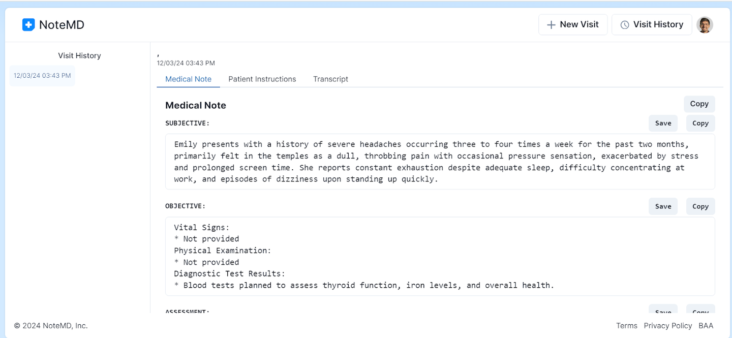 NoteMD platform displaying a medical note for a patient visit. The note includes subjective, objective, and diagnostic test results with options to save or copy the text.