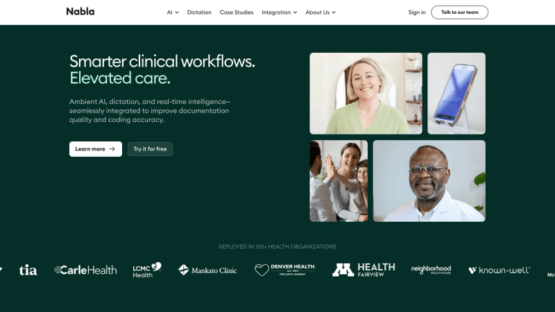 Nabla Copilot homepage screenshot from nabla.com. Captured here as editorial reference for the Nabla Copilot AI scribe in the outpatient comparison.