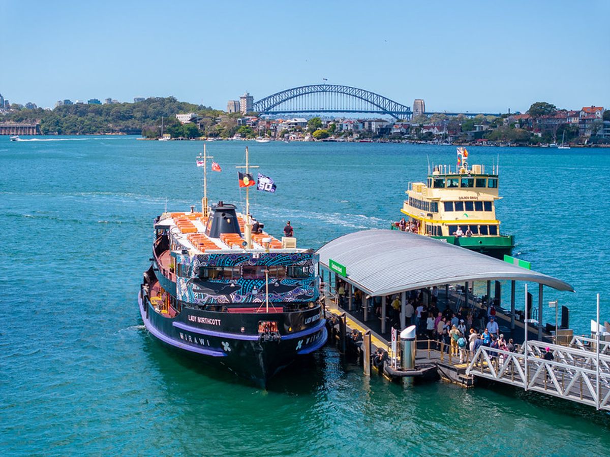 Tribal Warrior ferry Wirawi during the Global Nature Positive Summit on Sydney Harbour