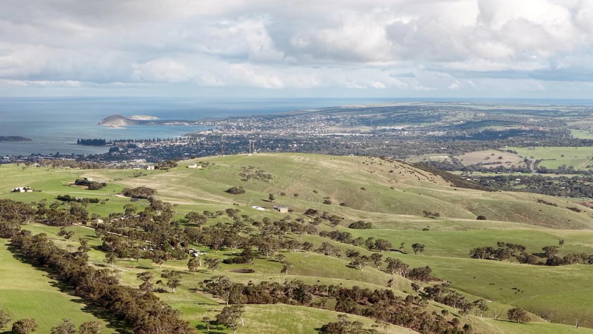 Aerial view of South Australian farmland meeting the coastline near Victor Harbor