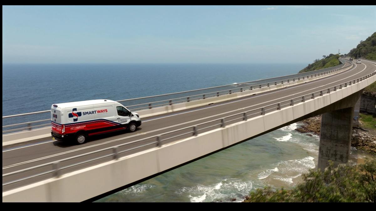 Smartways logistics vehicle crossing Sea Cliff Bridge for brand video production