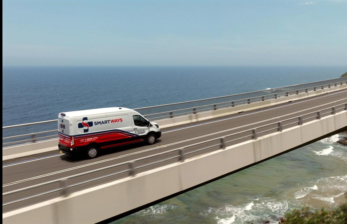Smartways logistics vehicle crossing Sea Cliff Bridge for brand video production