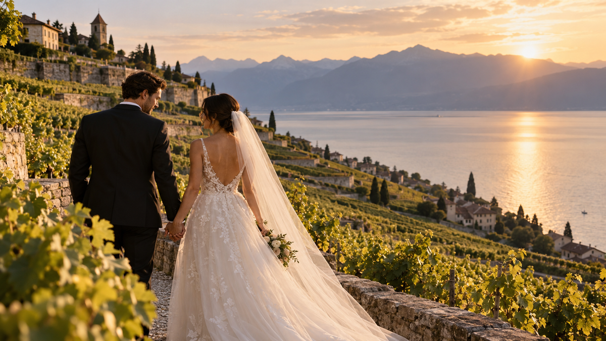 Golden-Hour Vineyard Lake Wedding