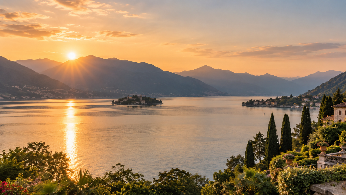 Golden Hour Lake from a Garden Terrace