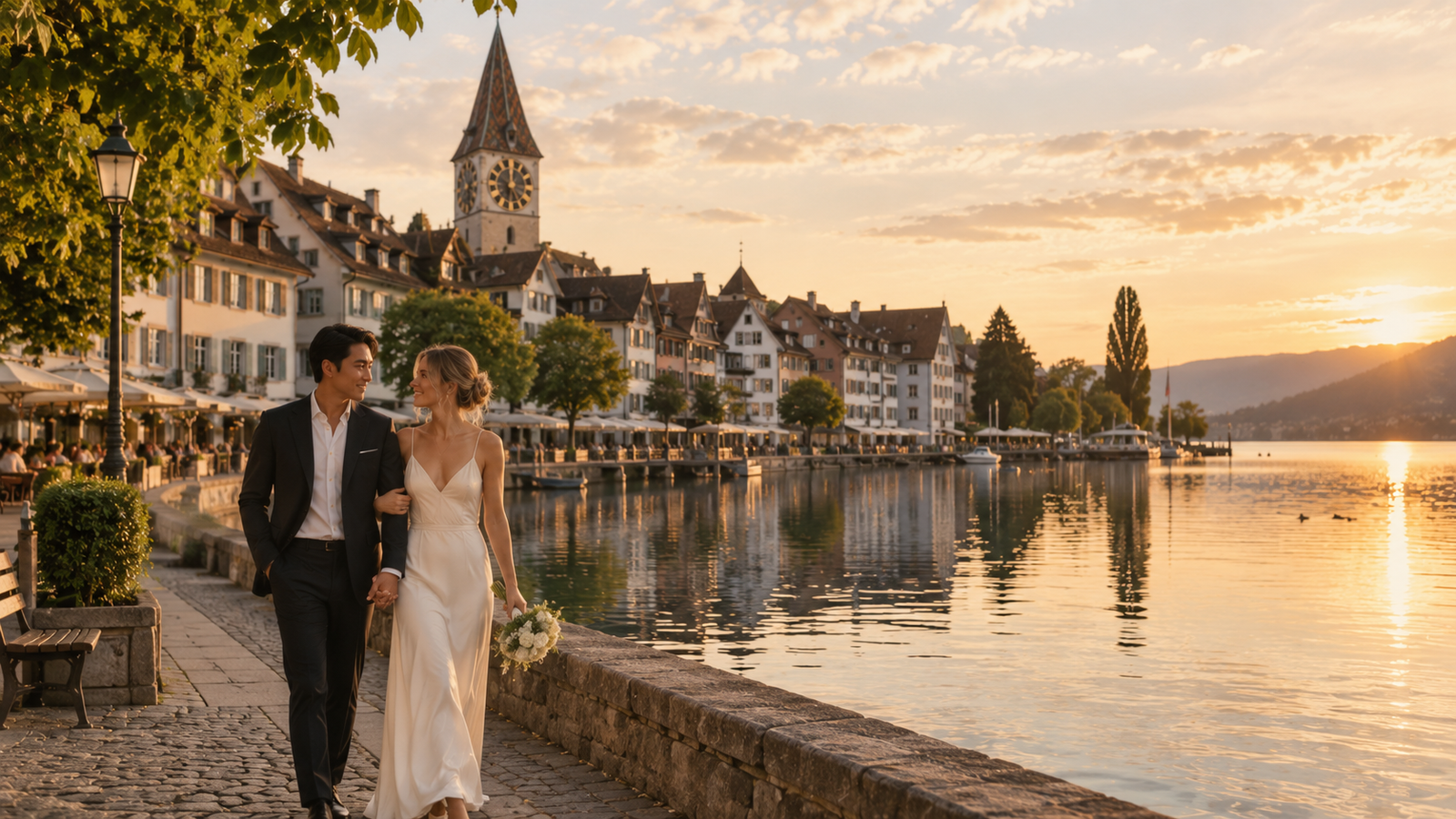 Golden-Hour Lakeside Wedding Stroll