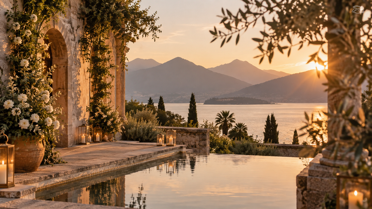 Mediterranean Sunset Courtyard by the Lake