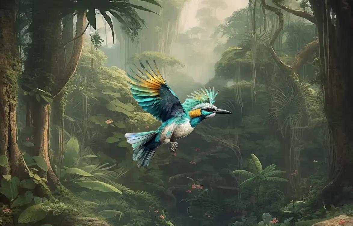A drawing of a Hummingbird in flight against a jungle backdrop