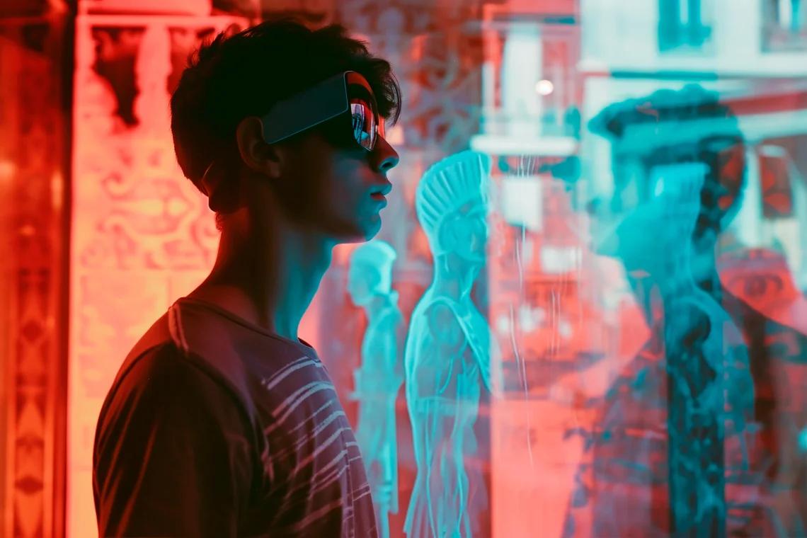 A young man, wearing over-sized dark glasses, staring into a neon-lit window.