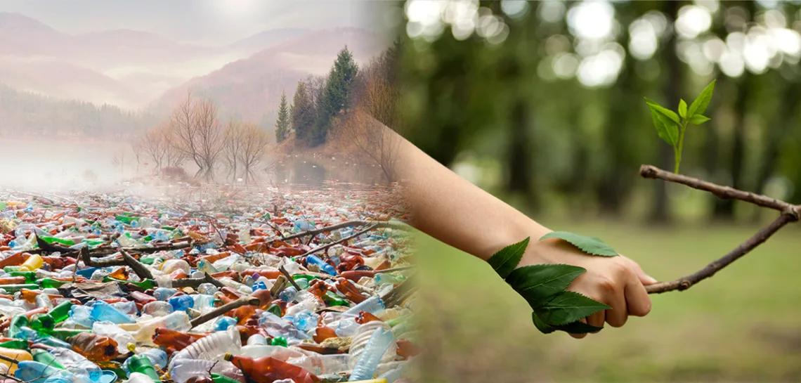 A composite photo showing plastic rubbish in water and a child's hand holding a stick