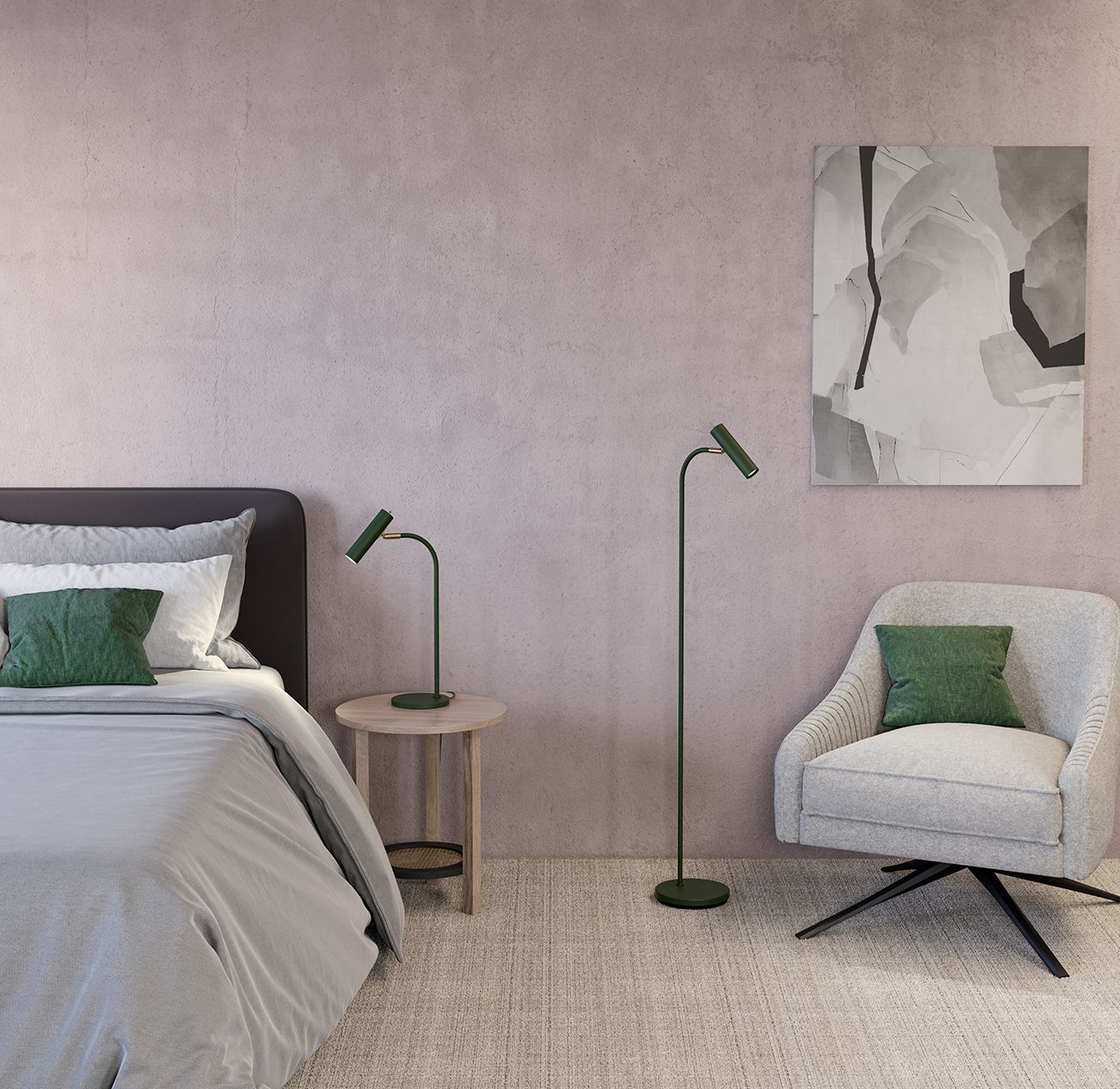 Slender floor lamp and table lamp in the bedroom 
