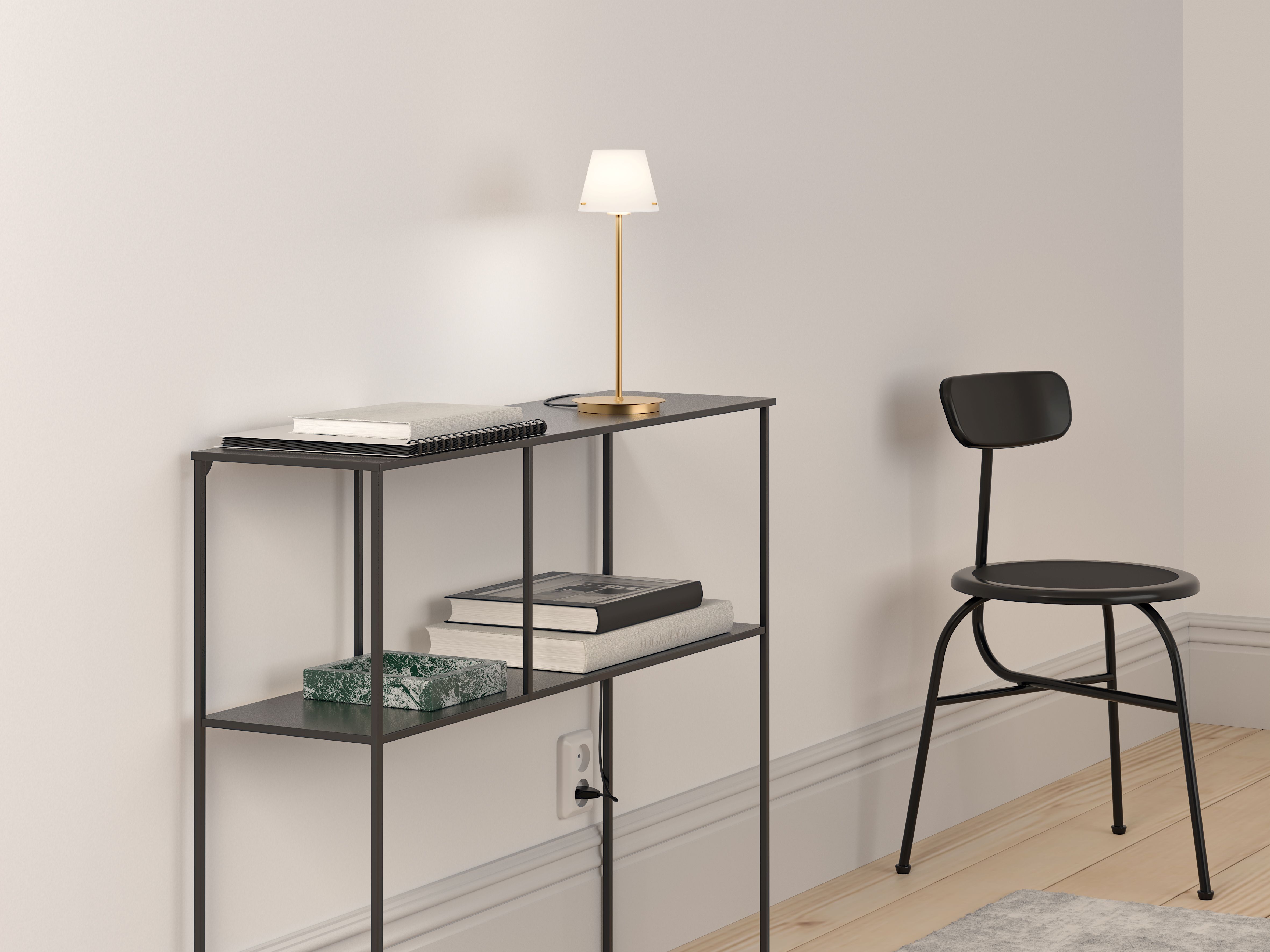 Table lamp beside chair