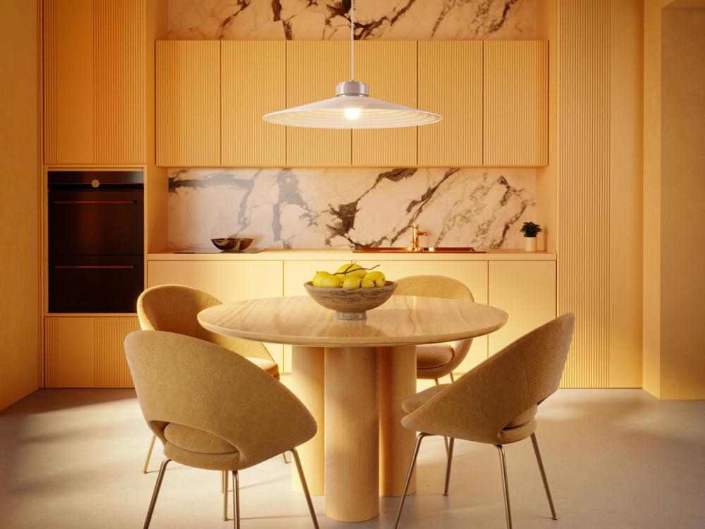 White pendant lamp over dining table