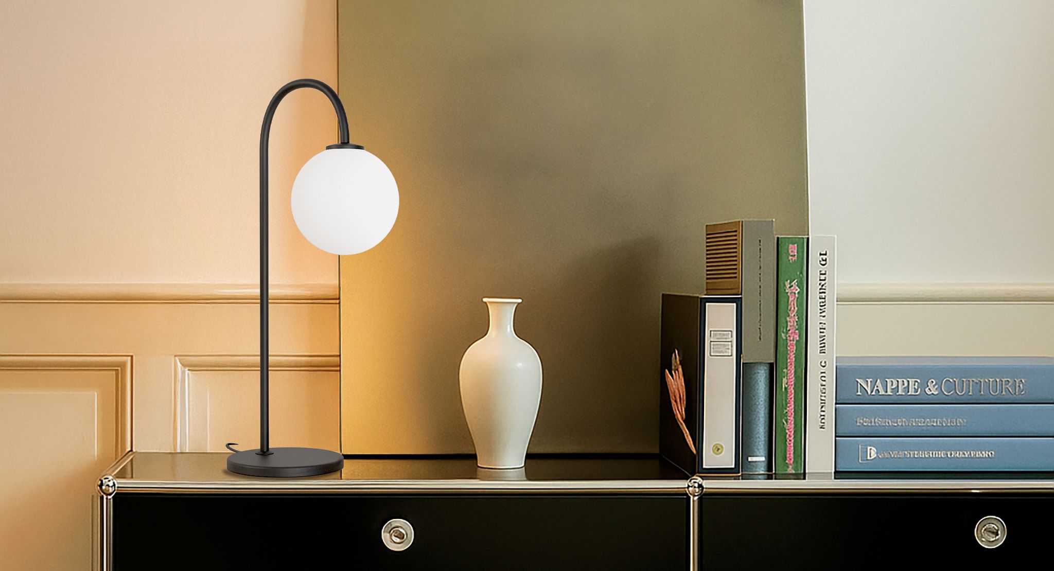 Black table lamp on sideboard