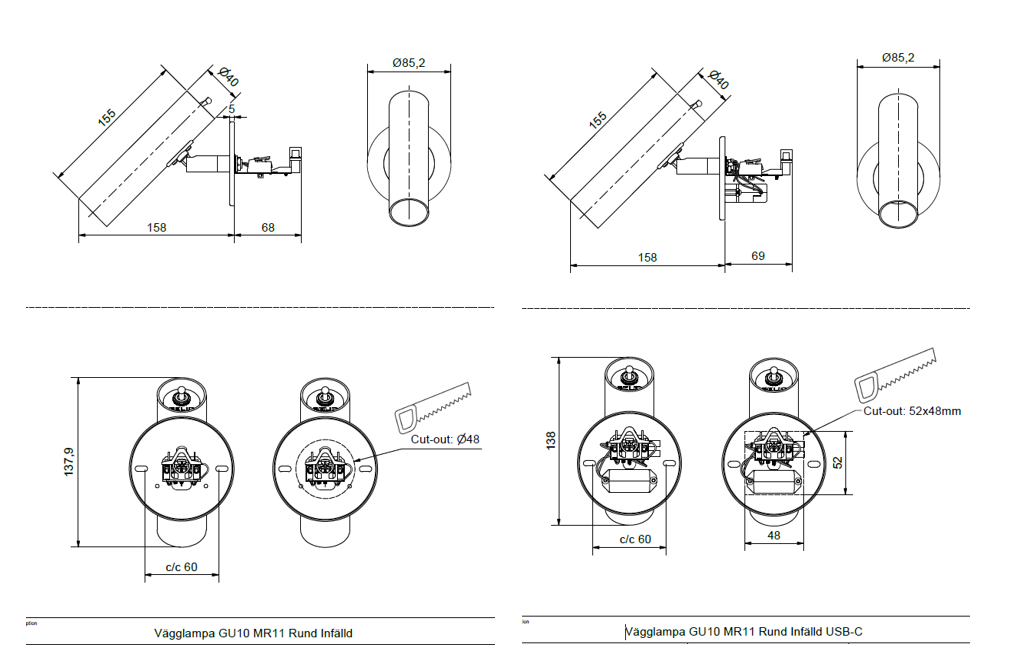 Slender X Circ Wall lamp recessed spec.