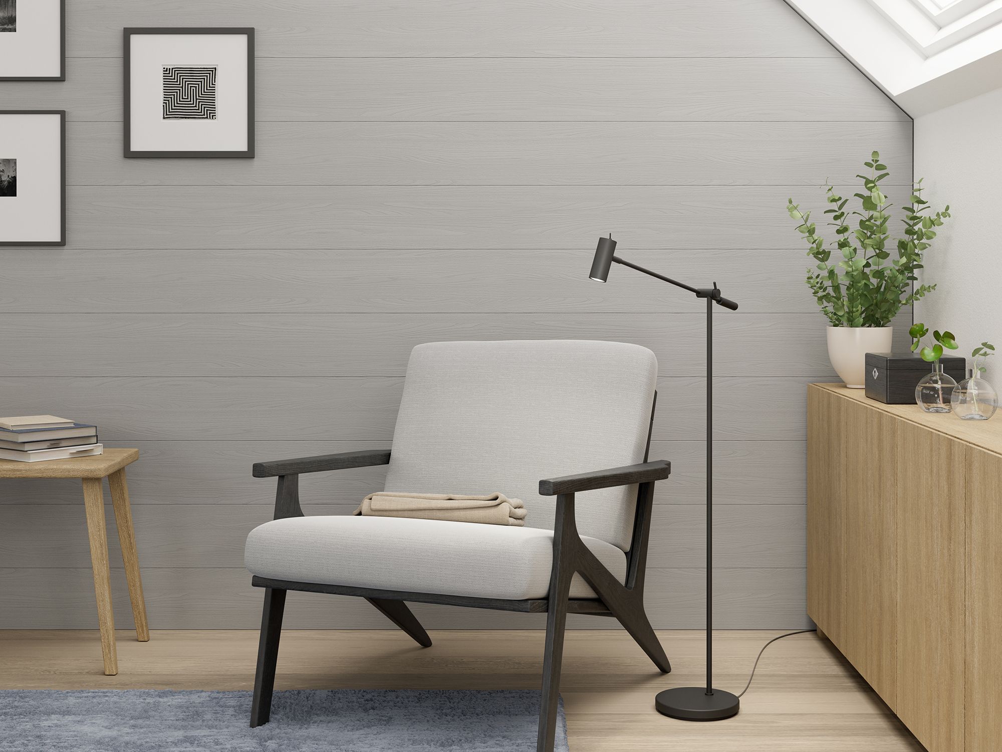 Floor lamp in front of a lounge chair