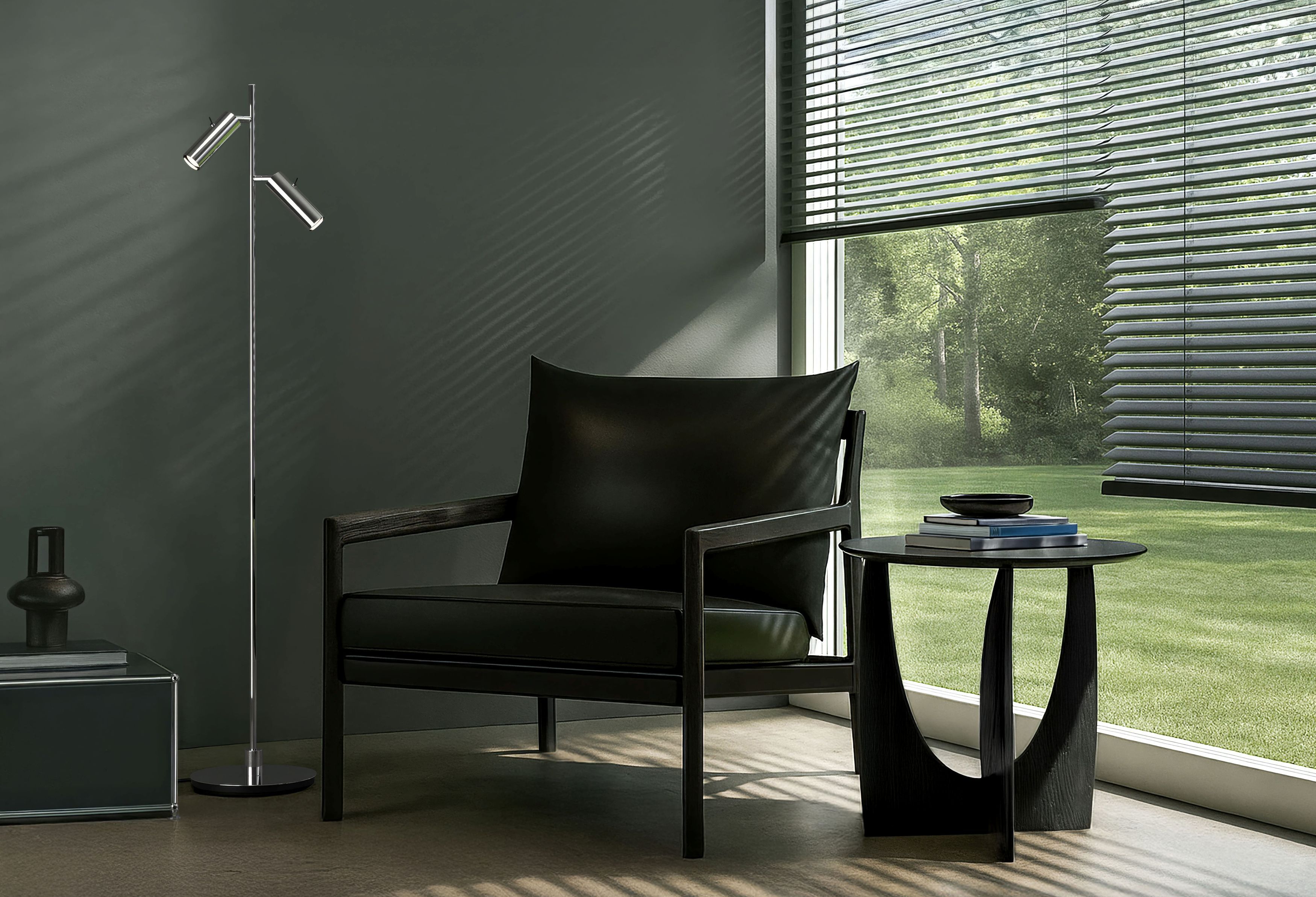 Chrome floor lamp beside a sofa