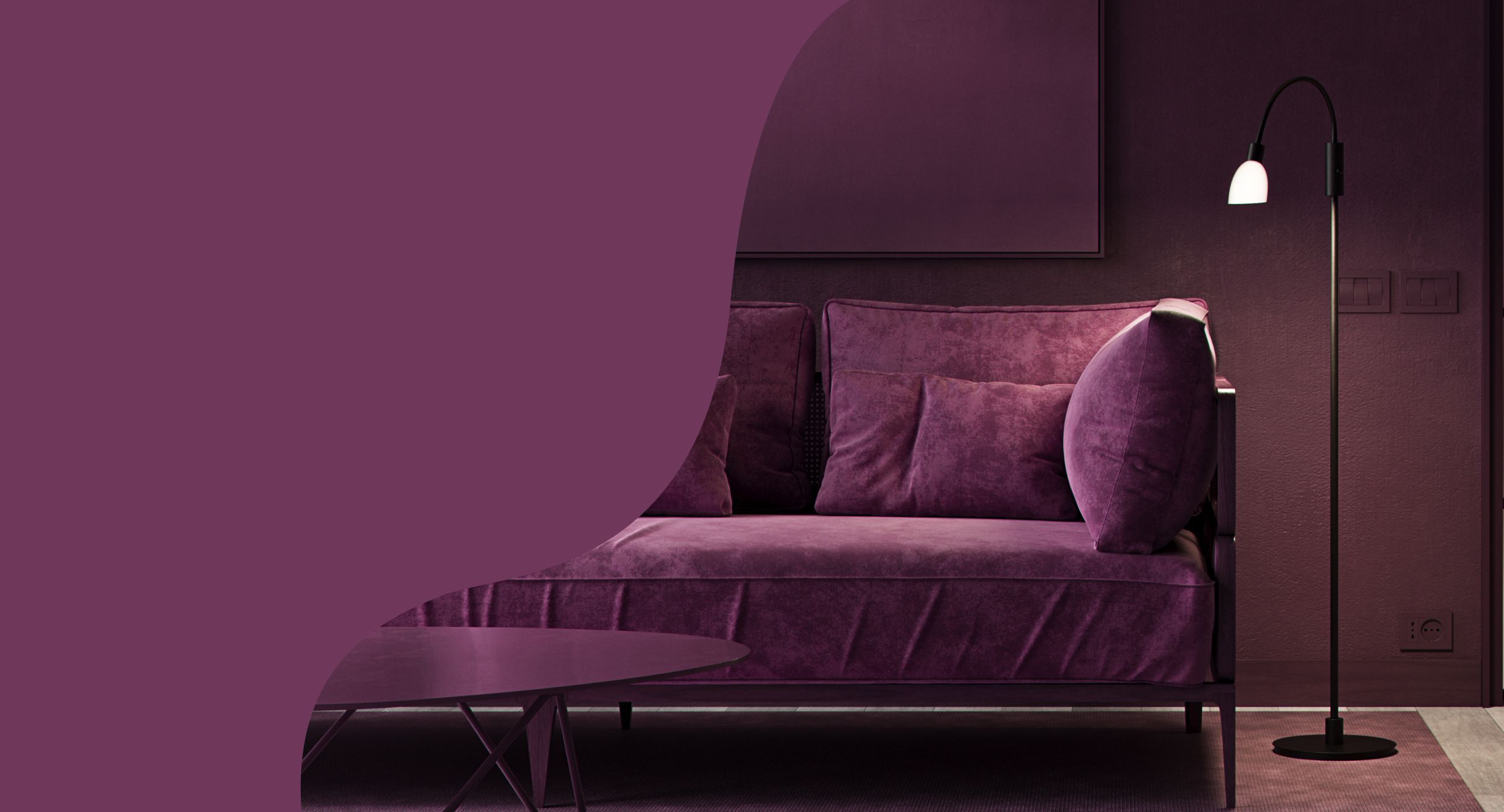 Relief floor lamp next to a sofa in purple room