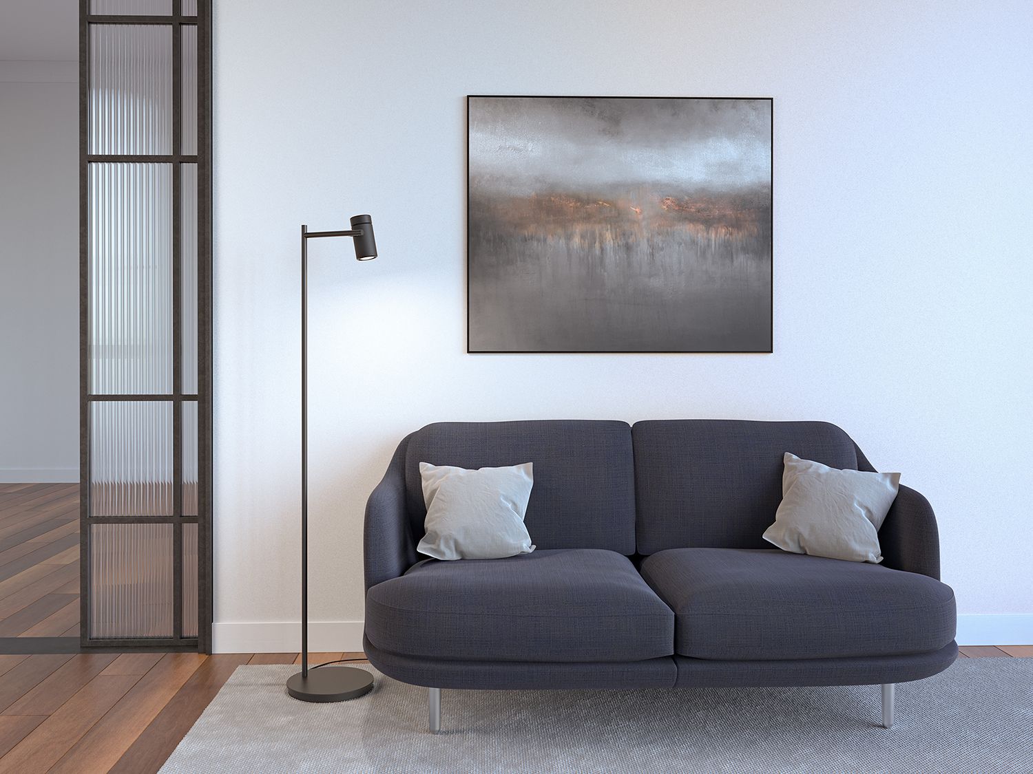 Black floor lamp beside sofa