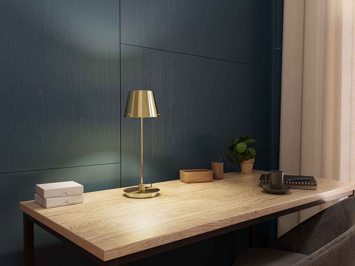 Table lamp on oak desk