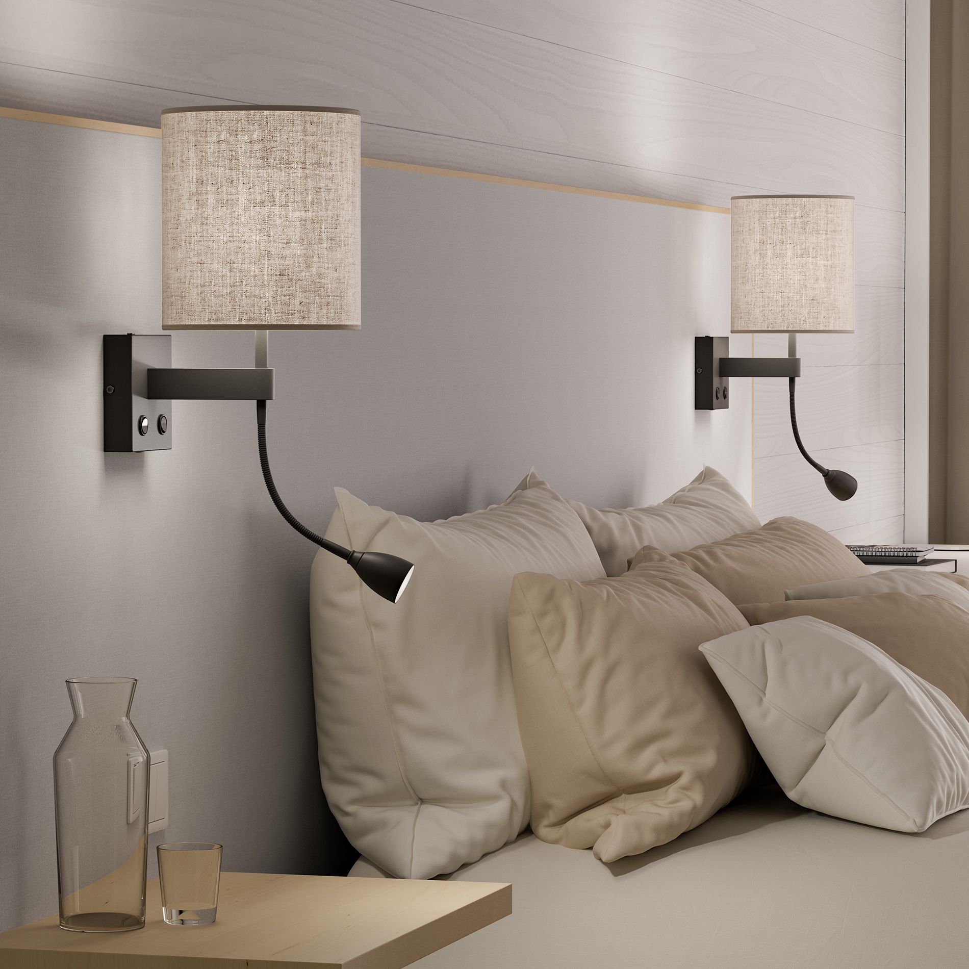 Dual wall lamp black structure with nature shade