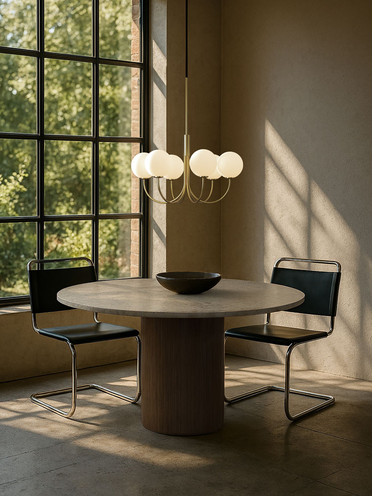 Ballon Chandelier in satin brass and opal glass over a dining table