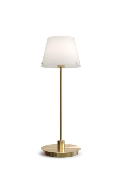 A table lamp in satin brass and opal glass