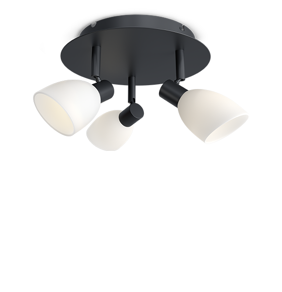 Black ceiling lamp with three spotlights