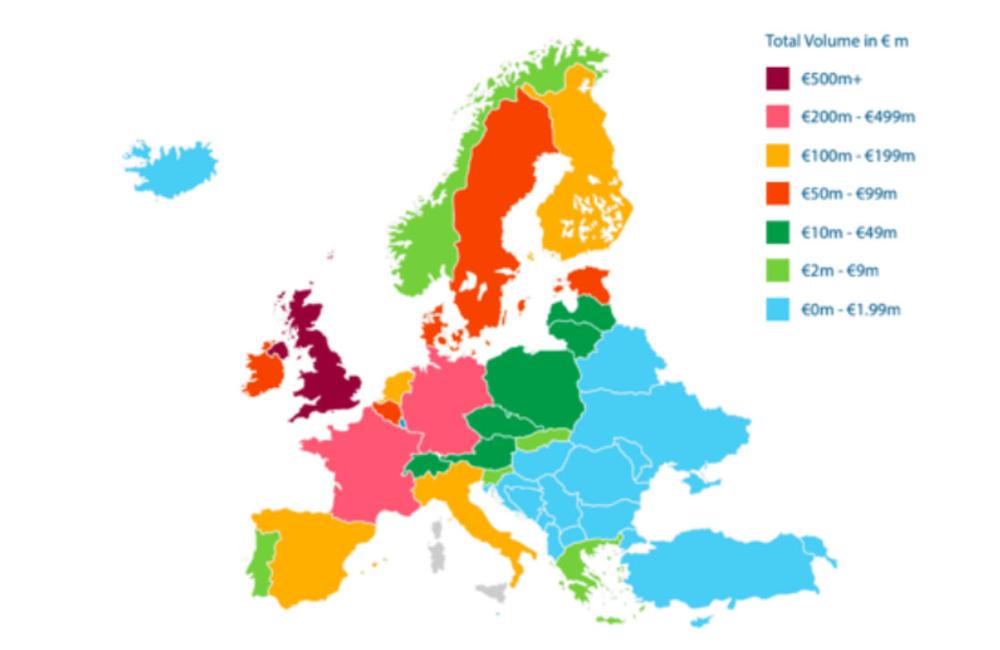 Kart som viser hvor stort crowdlending er i ulike land i Europa.