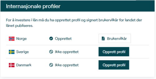 Under modulen "Internasjonale profiler" på "Min profil" oppretter du enkelt profil for det aktuelle landet du ønsker å tegne deg i lån for.